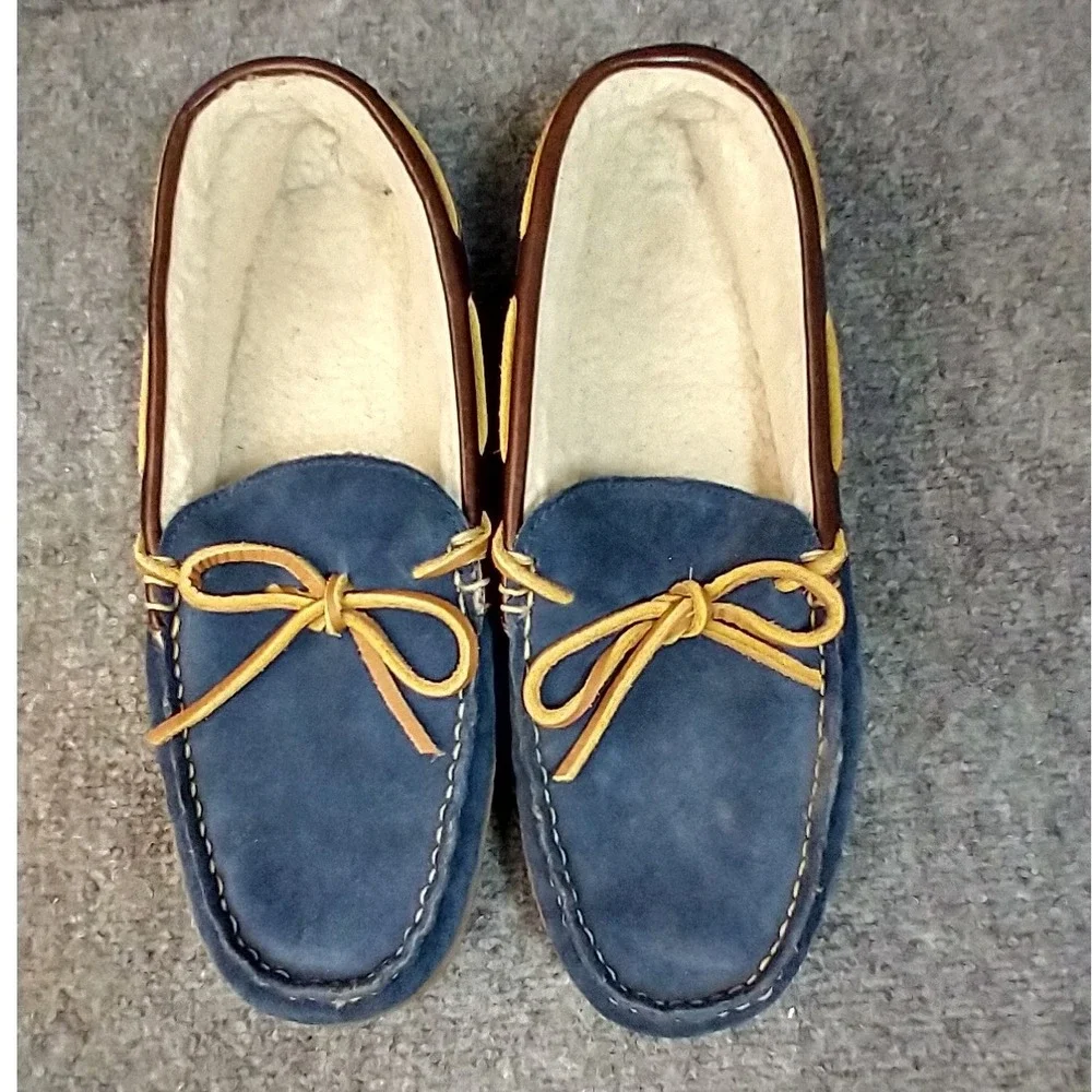 LL Bean Wicked Good Moccasins Mens 10 Blue Suede Shearling Slippers 252655